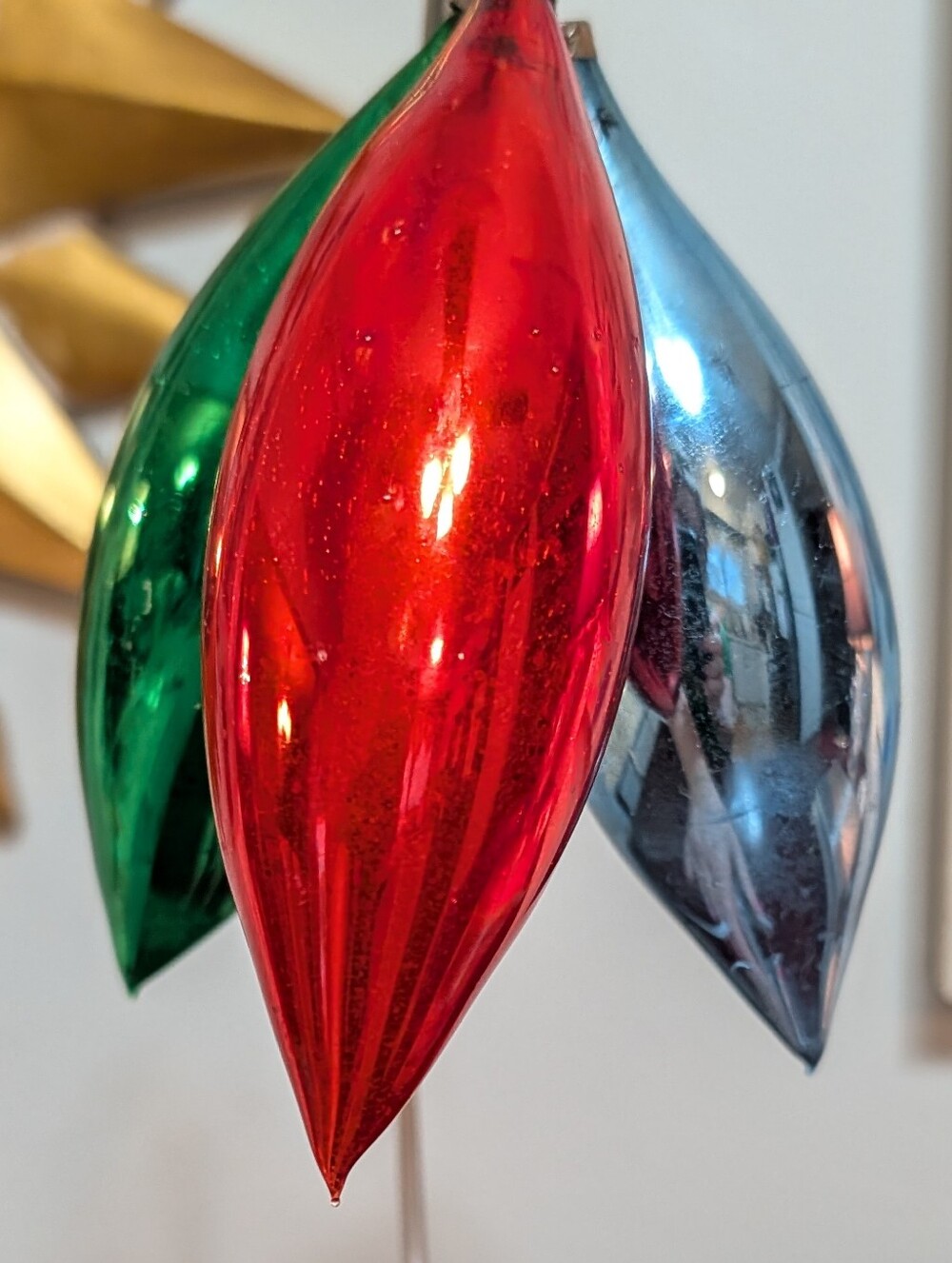 Vtg Czechoslovakian Blown Glass Christmas Ornaments Teardrops 3 Blue Green Red